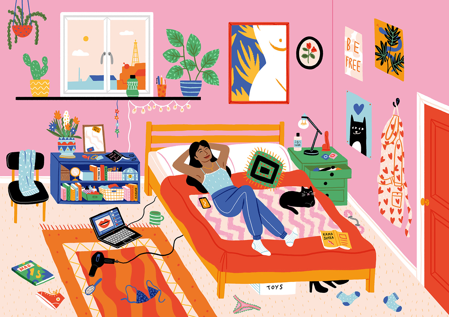 An illustration of a young person's very messy and colourful bedroom.