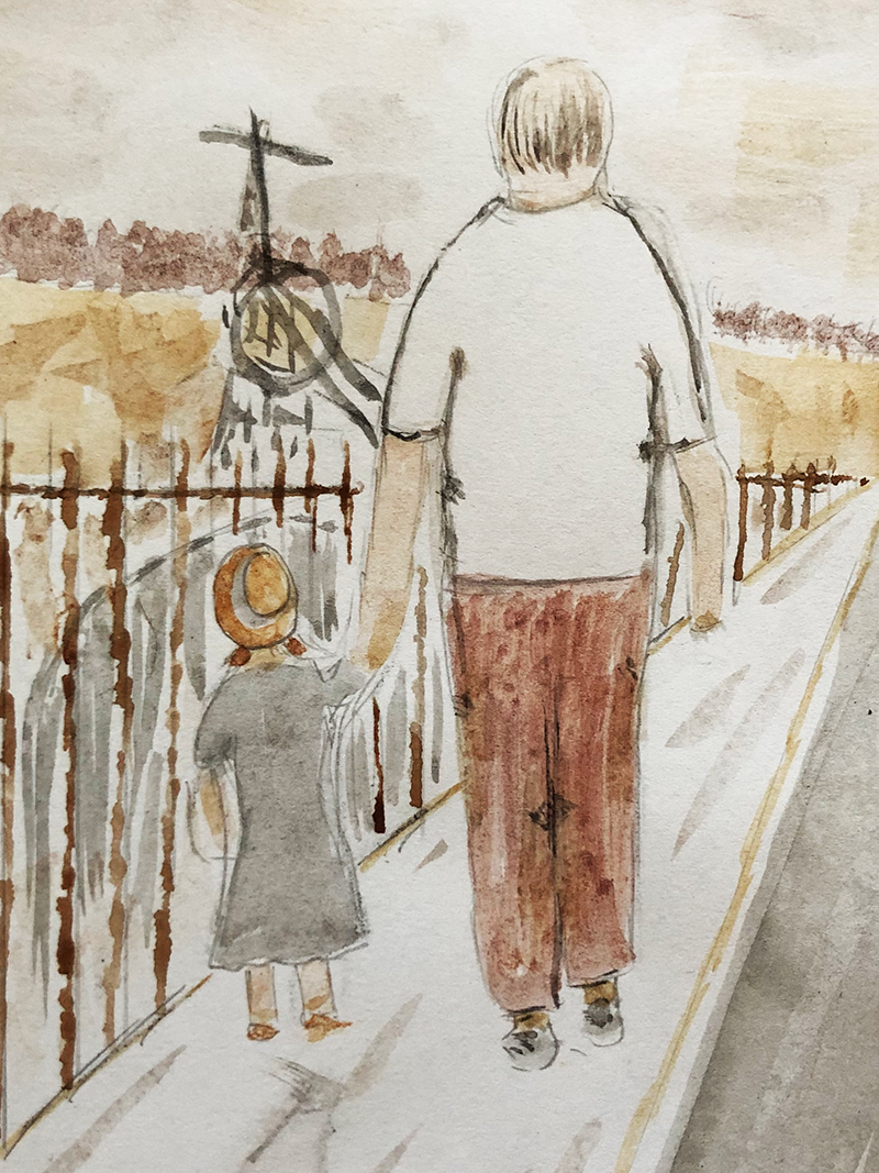 Watercolour painting depicting a father and daughter looking down on a mine.