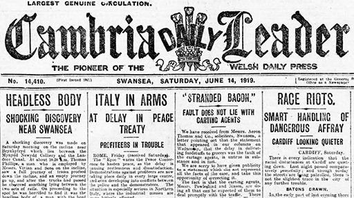 An image of the front page of the ‘Cumbria Daily Leader’. It includes a headline which reads: ‘Race riots’.