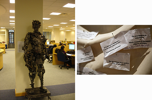 On the left is a photograph of a sculpture of Baartman. On the right is a photograph of the notes of protest.