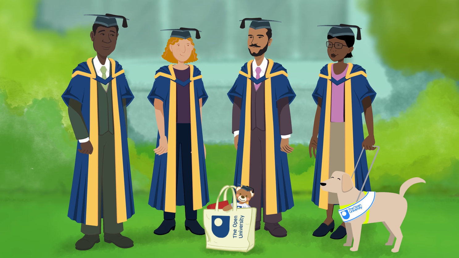 Group of OU graduates and a guide dog