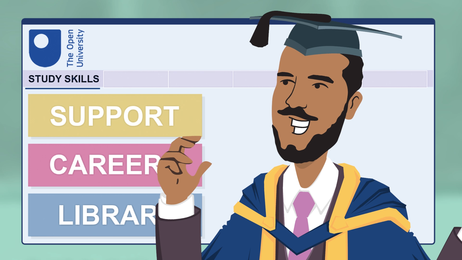 Illustration of OU student by a sign of services available