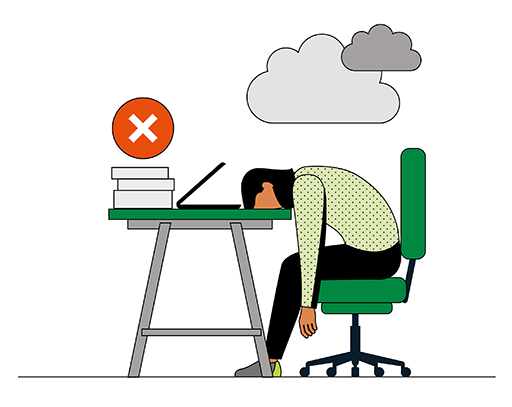 The image is a drawing of a person sitting at a table. Their laptop is open and their head is on the table, indicating desperation. On the table are three books with a ‘X’ sign above them.