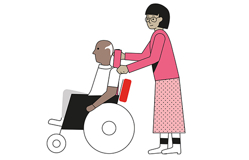 The image is a drawing of a middle-aged person pushing a wheelchair with an older person sitting in it.