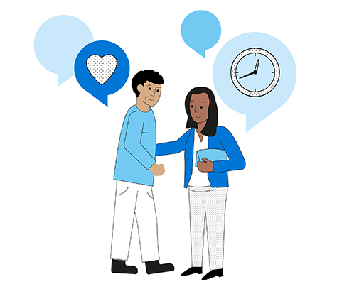 The image is a drawing of a man and a woman (who has an arm around the man). Four speech bubbles are above them. One, above the man, has a heart in. One, above the woman, has a clock in.