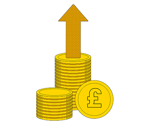 The image is a drawing of two stacks of coins and one coin on its edge. Rising above the coins is a big arrow pointing upwards.