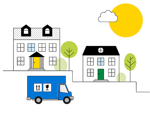 The image is a drawing of a two detached houses. The house on the right is smaller (and lower down a hill) than the one on the left. In front a removals van travels from left to right.