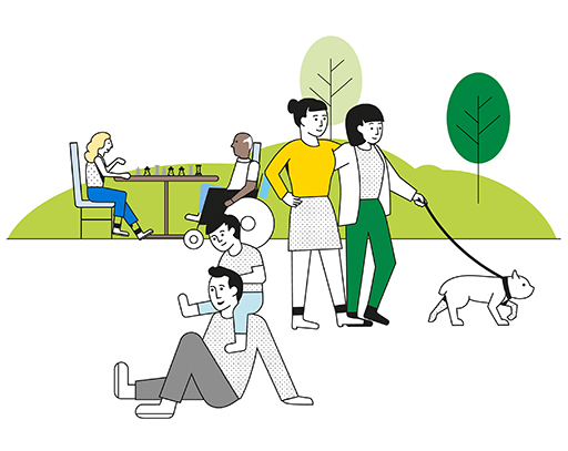 The image is a drawing of an outdoors social scene. A person plays with their child. Two people, arm in arm, walk a dog. Two people play chess. Behind them is a small hill with trees.