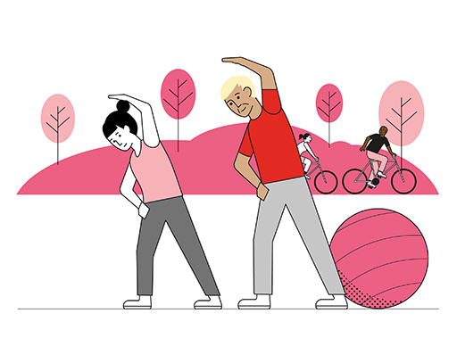 The image is a drawing two people doing exercises together. Behind them two people are cycling. Behind them is a small hill with trees.