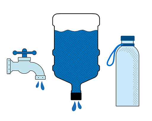 The image is a drawing of a tap dripping water, a large plastic bottle, inverted and dripping water, and portable water bottle.