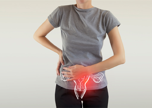 The image shows the upper body of a female with an image of their ovaries and uterus superimposed on their body. They are holding their stomach as if they are in pain or discomfort.