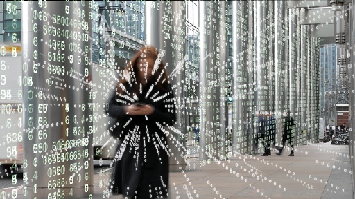 A woman on her phone in a digital matrix environment