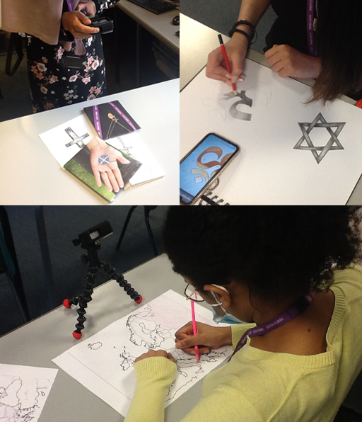Three photos showing young people creating props for their docutubes