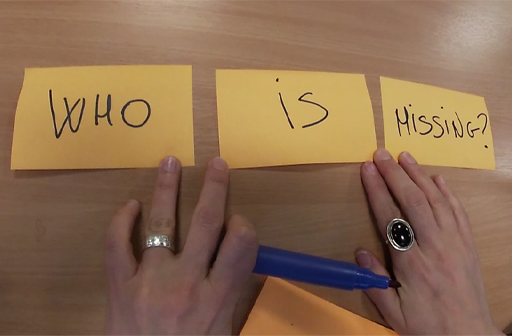 Three sticky notes with one word written on each: Who is missing?