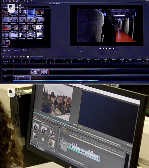 Two images. One shows OpenShot editing software on screen. The other of Adobe Premiere timeline source
