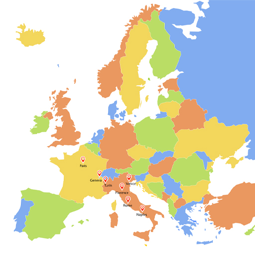 A colourful map of Western Europe with the following cities mentioned: Paris, Geneva, Turin, Venice, Florence, Rome and Naples.