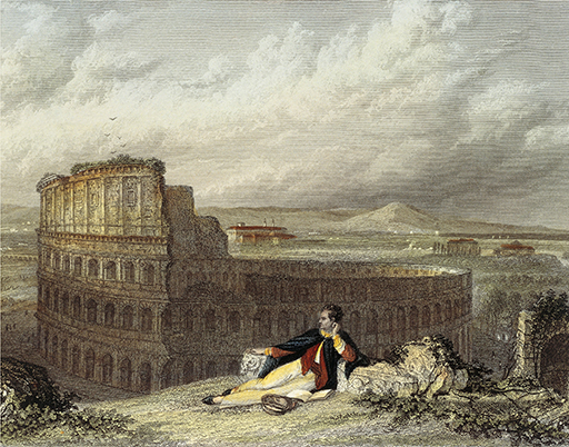 This coloured engraving in landscape format shows a view looking down at the Colosseum in the mid-distance. In the centre foreground, on raised ground above the Colosseum, a young, dark-haired man reclines on the ground in a contemplative pose; he faces left, with his right hand placed on a block of ancient masonry and his left elbow propped on another fragment. He wears white trousers and a red shirt under a dark cloak. The Colosseum stands three tiers high on the left side and four tiers high on the right. Vegetation grows around the higher wall. In the far distance there is a wide plain with a terracotta-roofed building in the centre of the image and two further red rooved buildings to the right. Hills rise in the distance under dramatically billowing clouds.