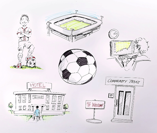 This is a set of illustrations for example of a football, a stadium and a football player.