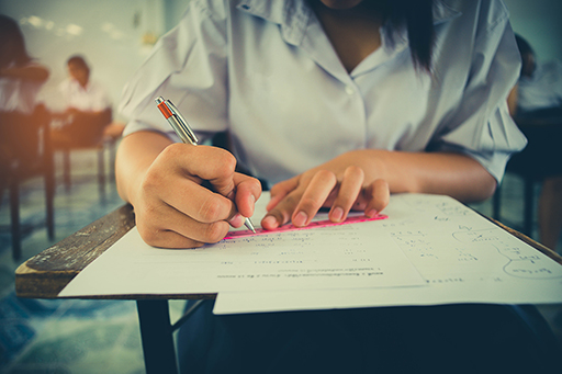 A photograph of someone using their ruler and pen to underline some text on paper.