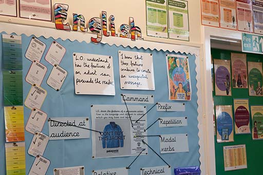 A photograph of a classroom wall, with lots of different learning resources.