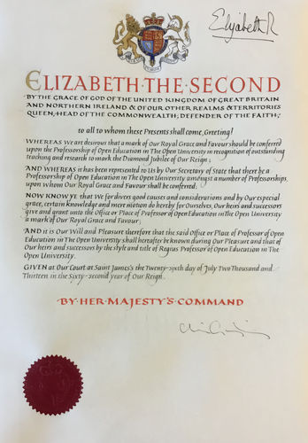 Royal warrant conferring a Regius Professorship of Professor of Open Education at The Open University. Dated 26th July 2013.