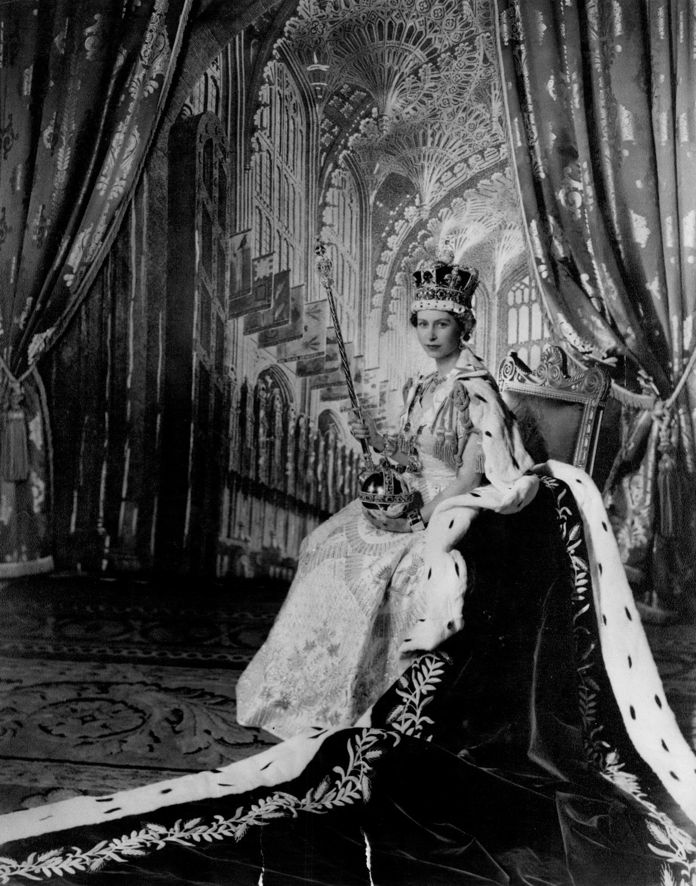 Queen Elizabeth II. In Throne Room Of Buckingham Palace After Her Coronation.