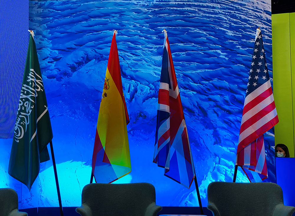 A row of flags at the COP26 event in Glasgow 2021.