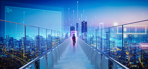 A photograph of a person in a business suit walking on a skywalk bridge towards a glowing portal of buildings and the city below can be seen.