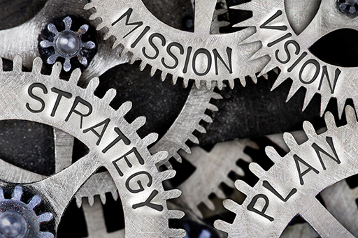 Image of different cogs, labelled strategy, mission, vision and plan.