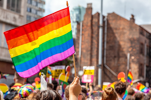 An image of a hand holding the pride flag in the air in a crowd.