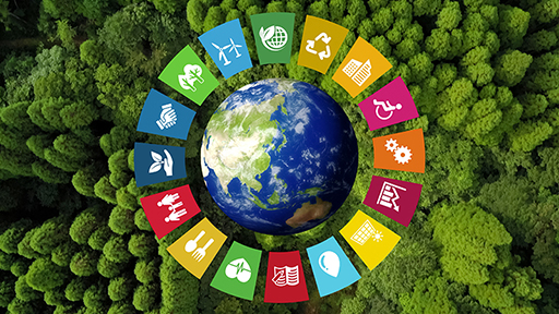 A photograph of a birds eye view of trees, with an image of Earth on top, surrounded by logos representing different sustainability goals.