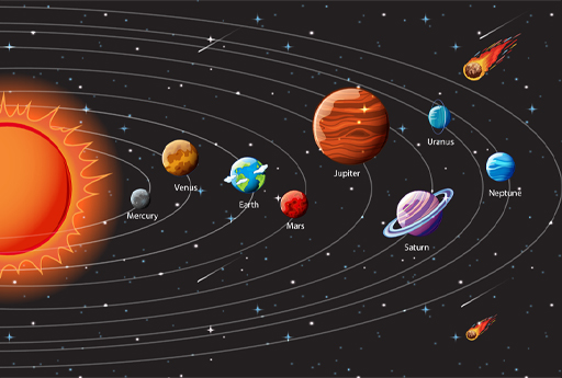 This is an artistic depiction of our solar system, showing the eight planets orbiting around the Sun.