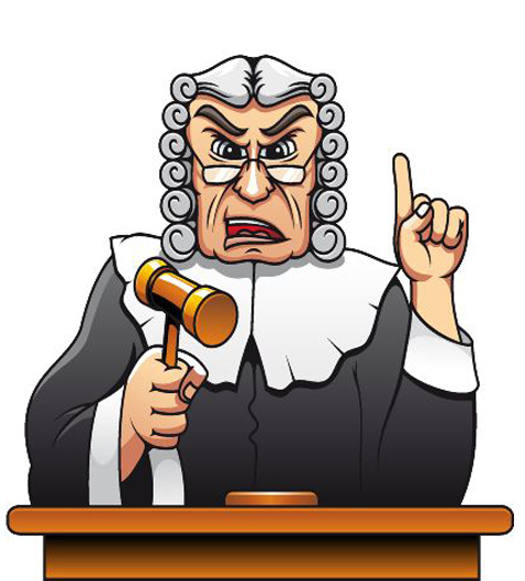 Judge in robes and judicial wig in front of a lectern with gavel in one hand and finger raised in other.