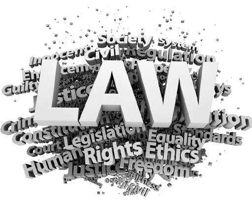 The word ‘LAW’ written in large text. Behind are other words relating to Law jumbled on top of each other, including rights, ethics, freedom, justice.
