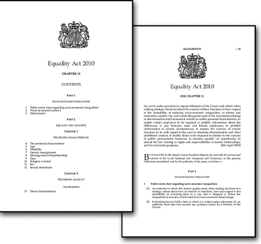 Screenshots of the Equality Act. One shows the Equality Act contents page. The other shows the front text of Chapter 15.