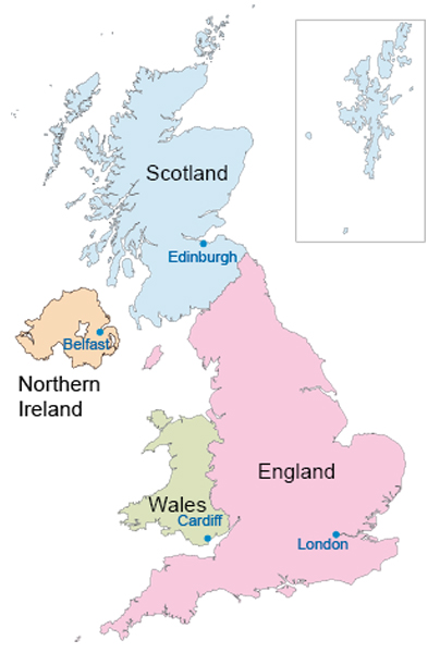 Map of England, Scotland, Wales, Northern Ireland – each nation in a different colour, with the capital of each nation noted.