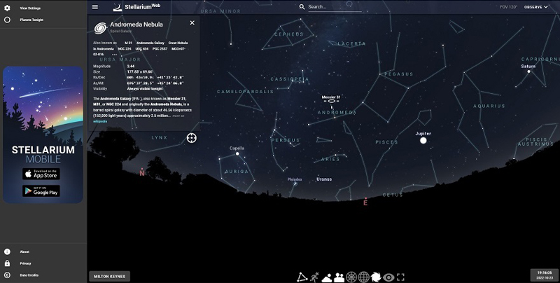 This is a screenshot showing the main display and functionality within Stellarium Web, when following the activity instructions for spotting M31.