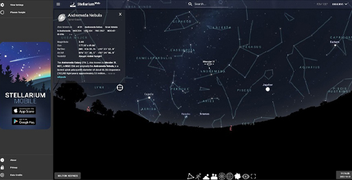 This is a screenshot showing the main display and functionality within Stellarium Web, when following the activity instructions for spotting M31.