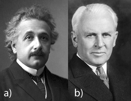 This is a composite of two portraits, of the physicists Albert Einstein and Robert Millikan.