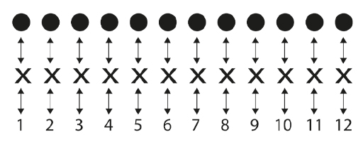 A picture of a row of dots above a row of crosses with an arrow joining each dot to a single separate cross. Both of these are above a row of numbers from 1 to 12. Each of the crosses has a single arrow to the number below it.