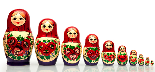 A picture of a row of Russian dolls, each identical but smaller than the last.