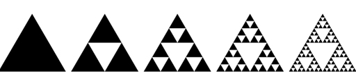 This is a diagram showing the first five stages of making a Sierpinski triangle, going from one solid shaded triangle to 81.