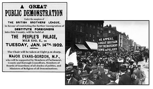 (1) A poster from 1902 for an anti-immigration demonstration. (2) A black and white photo of a demonstration.