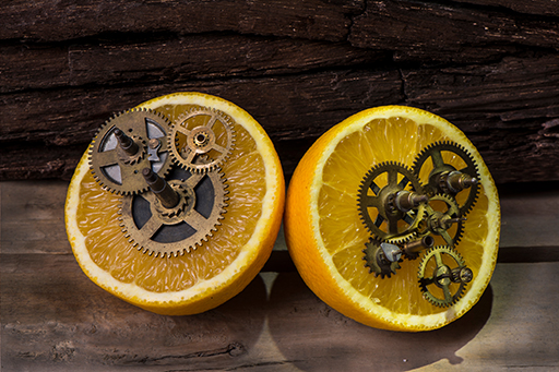 An orange cut in half showing gears and mechanisms inside.