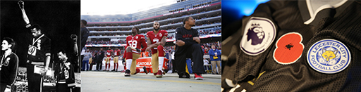 This is a montage of three images. The first is a photograph of three athletes wearing medals, with two raising a fist. The second is a photograph of three American football players taking the knee in a stadium. The third is a photograph of a football shirt with a poppy next to the club badge.