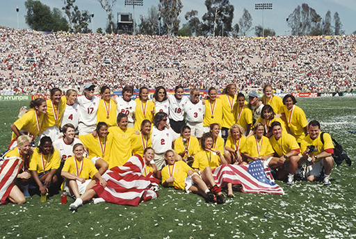 The USA and China PR teams ahead of the 1999 World Cup final.