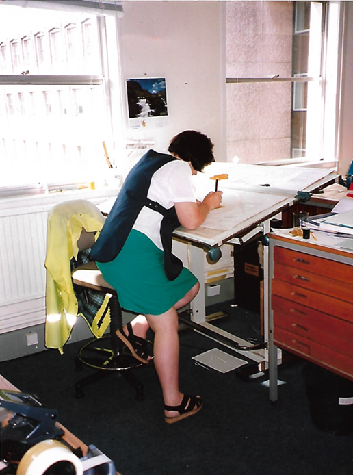 Ann Gibbons drawing up plans using a mechanical T-Square, at Fife Council, circa 1988.
