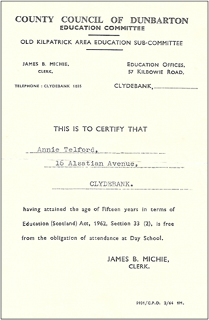 Ann Gibbons' (neé Telford) School Leaver Certificate