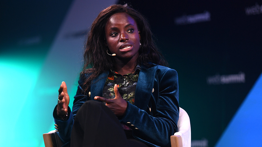 Eniola Aluko on stage during the opening day of Web Summit 2019 at the Altice Arena in Lisbon, Portugal.