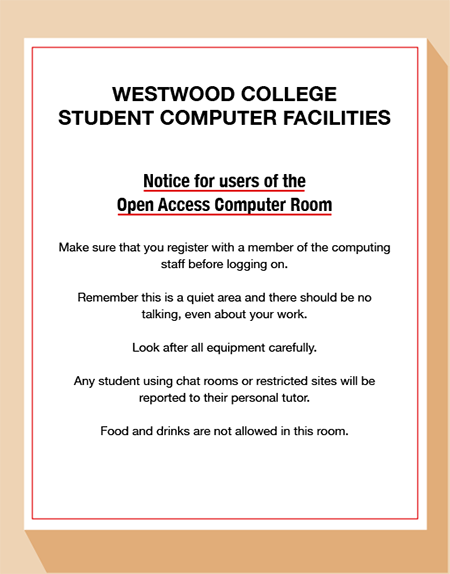 A sign in a college room